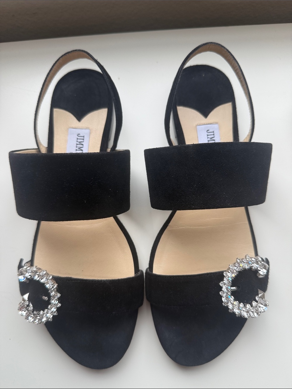 Jimmy Choo Black Saphera flat suede sandals with crystal buckle - Picture 1 of 9